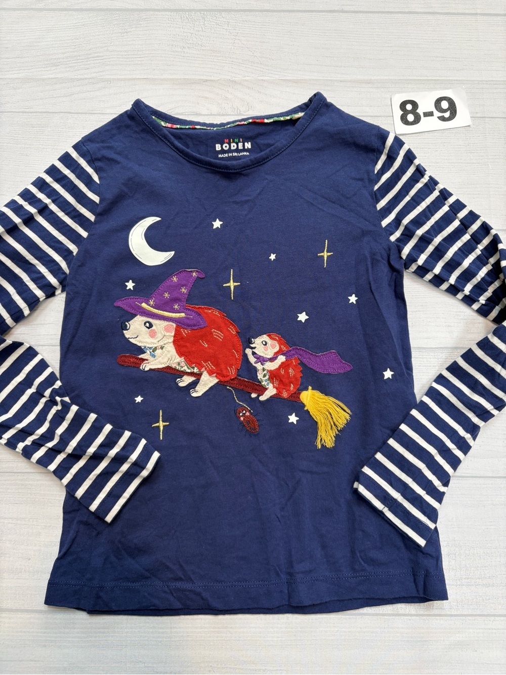 Mini Boden Navy Long-Sleeve Hedgehog Witch Tee with Striped Sleeves